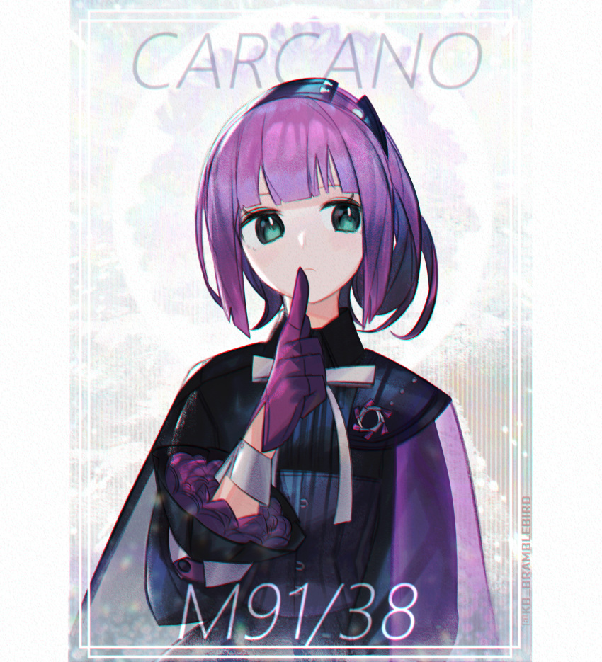 1girl absurdres bangs blunt_bangs cape carcano_m91/38_(girls_frontline) character_name commentary_request dress girls_frontline gloves green_eyes hair_ornament hair_ribbon hairband highres huge_filesize kky long_hair purple_dress purple_hair ribbon solo uniform