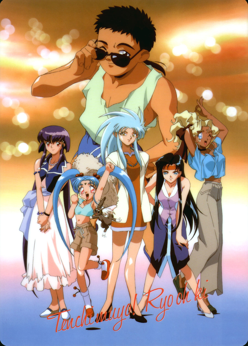 5girls 90s black_hair blonde_hair blue_eyes blue_hair brown_eyes cabbit facial_mark forehead_mark green_hair highres kajishima_masaki kuramitsu_mihoshi makibi_kiyone masaki_aeka_jurai masaki_sasami_jurai masaki_tenchi midriff multiple_girls navel pink_eyes purple_hair red_eyes ryou-ouki ryouko_(tenchi_muyou!) spiked_hair sunglasses tenchi_muyou! tenchi_muyou!_uchuu_hen twintails yellow_eyes