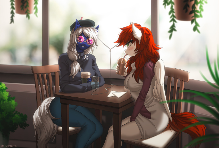 2019 anthro beret beverage blush cellphone chair clothed clothing day detailed_background digital_media_(artwork) duo equine eyewear fan_character female glasses hair hat headphones mammal margony my_little_pony outside pegasus phone plant red_hair sitting table white_hair wings