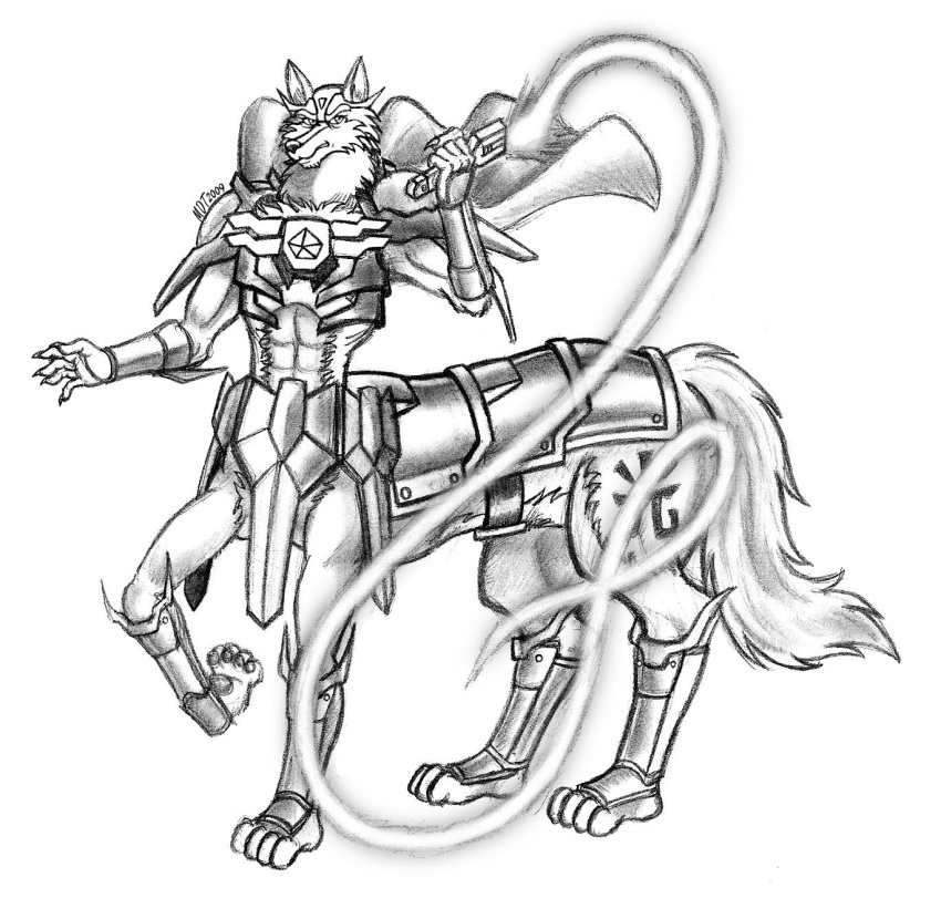 2009 abs armor canine canine_taur cape clothing fluffy fluffy_tail fur grey_fur greyfus mammal mdtartist83 monochrome multicolored_fur signature simple_background solo standing taur two_tone_fur whip white_background white_fur wild_knights_gulkeeva wolf wolf_taur