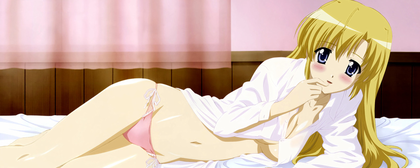 bed blonde_hair blue_eyes blush bottomless breasts canvas_2 cleavage highres housen_elis large_breasts long_hair long_sleeves lying nitta_yasunari no_bra open_clothes open_shirt panties pink_panties shirt side-tie_panties solo underwear