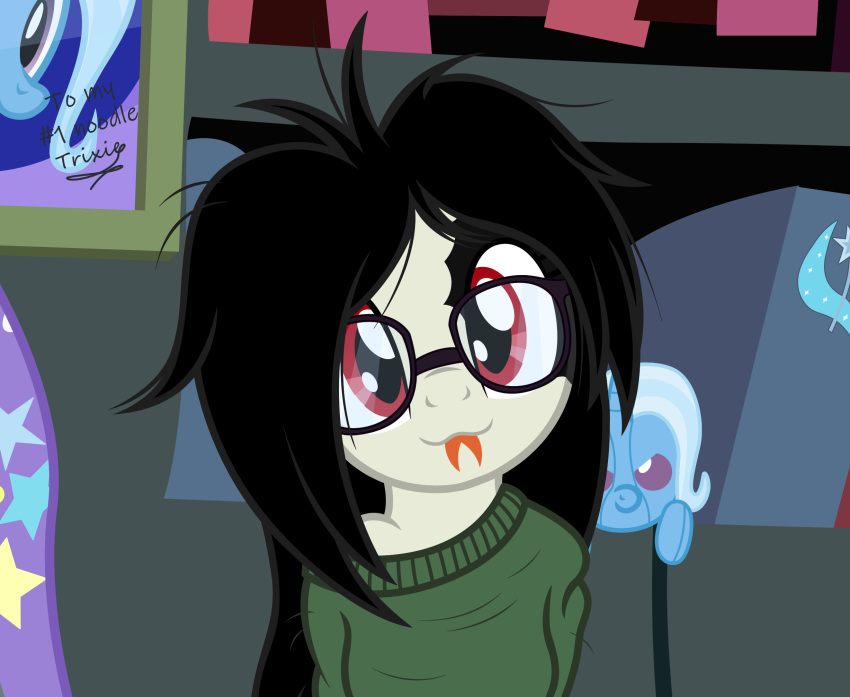2019 badumsquish black_hair clothing cuppa_noodle_(oc) english_text eyewear fan_character forked_tongue friendship_is_magic glasses hair lamia looking_at_viewer messy_hair my_little_pony plushie portrait red_eyes reptile scalie snake solo sweater text tongue trixie_(mlp)