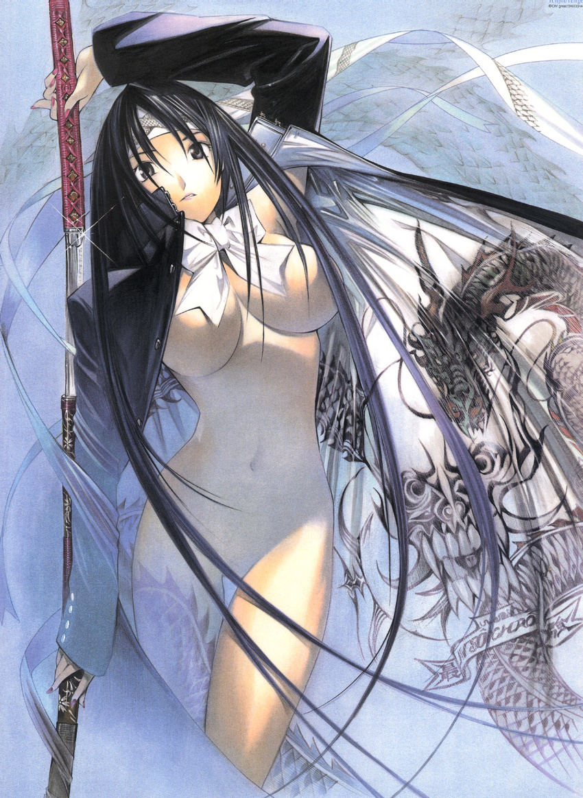 black_hair breasts highres japanese_clothes katana kimono large_breasts long_hair nail_polish natsume_aya nude oogure_ito ootachi pink_nails ribbon solo sword tenjou_tenge weapon