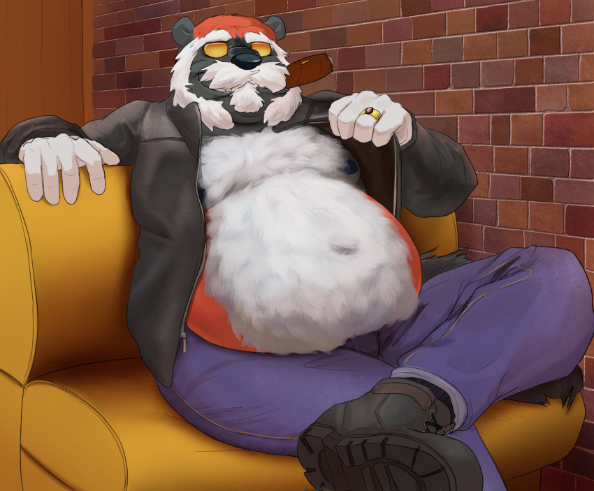 anthro belly boots cigar clothing eyewear facial_hair footwear fur gator_(artist) jacket male mammal mature_male mustache mustelid navel nipples open_jacket overweight overweight_male pants ring seductive sitting smile solo sunglasses teeth ursid wolverine