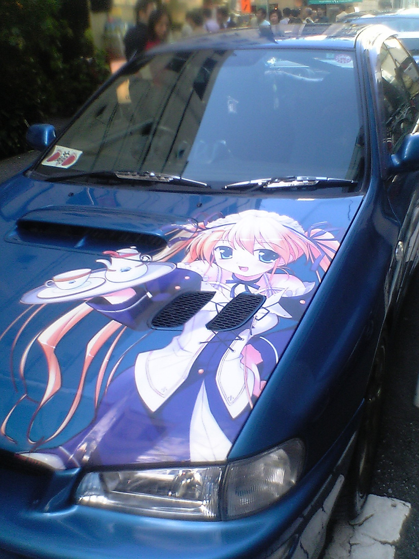 car ground_vehicle happiness! highres hiiragi_anri itasha maid motor_vehicle no_humans photo subaru_(brand) subaru_impreza tokyo_(city)