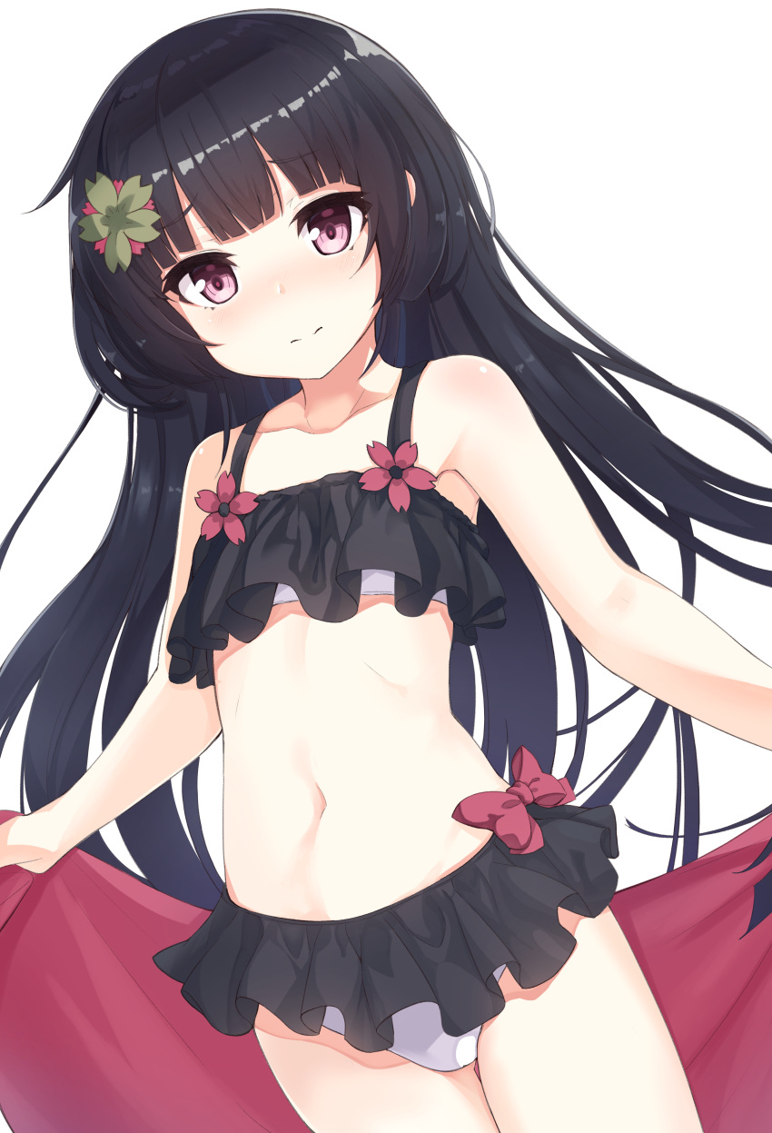1girl absurdres bare_arms bare_shoulders bikini black_bikini black_hair blush bow collarbone commentary_request flower girls_frontline green_flower hair_flower hair_ornament head_tilt highres holding long_hair looking_at_viewer navel nose_blush ohshit red_bow red_eyes red_flower simple_background solo swimsuit type_100_(girls_frontline) very_long_hair white_background white_bikini