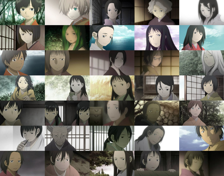 6+girls androgynous annotation_request aya_(mushishi) brown_hair character_request everyone highres horns japanese_clothes kimono michihi_(mushishi) multiple_boys multiple_girls mushishi nature nui_(mushishi) ocean old_woman oni renzu_(mushishi) screencap suzu_(mushishi) tan tanyuu_karibusa