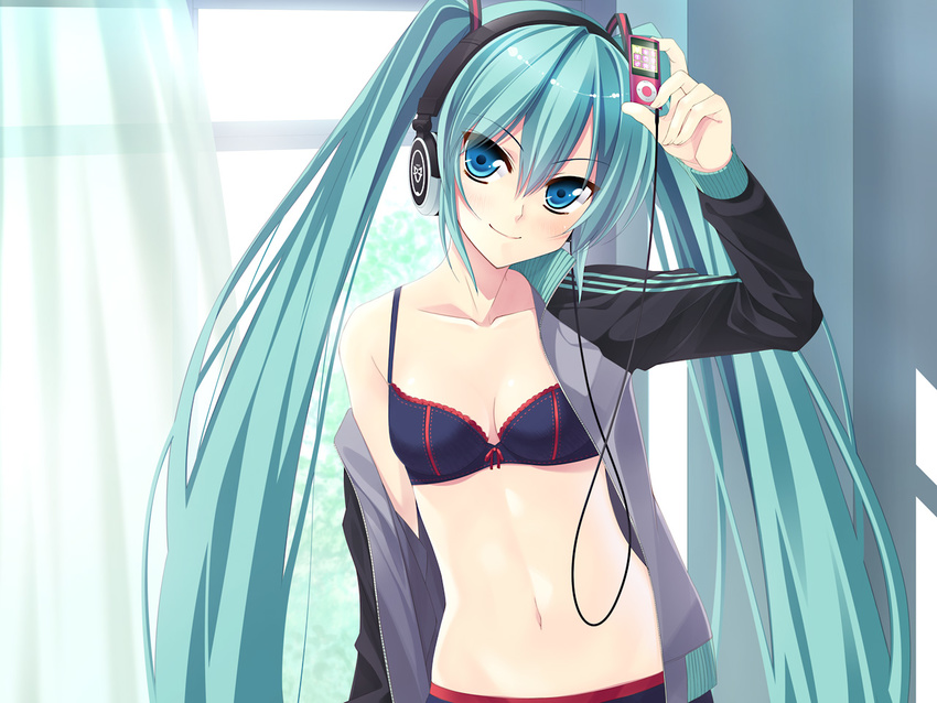 aqua_hair arm_up bad_id bad_pixiv_id blue_eyes blush bow bow_bra bra breasts cleavage curtains digital_media_player flat_chest hatsune_miku head_tilt headphones holding ipod jacket lingerie long_hair navel off_shoulder open_clothes small_breasts smile solo track_jacket twintails underwear very_long_hair vocaloid window yamakaze_ran