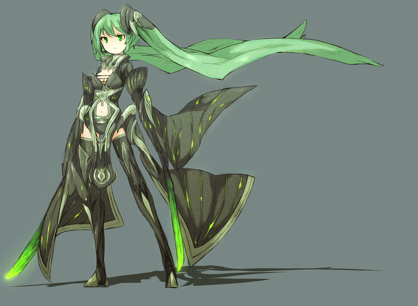 alternate_costume aqua_hair armor bad_id bad_pixiv_id boots dual_wielding ganesagi greaves green_eyes hatsune_miku highres holding long_hair navel simple_background solo sword thigh_boots thighhighs twintails very_long_hair vocaloid weapon zettai_ryouiki