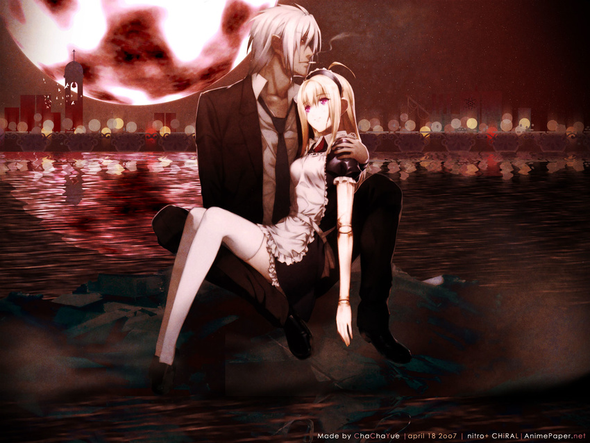 anna blonde_hair carnevale_della_luce_della_luna cigarette long_hair maid moon red_eyes short_hair signed tagme_(character) tie water white_hair