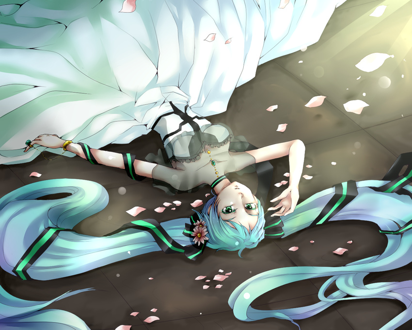 blue_hair dress flowers green_eyes hatsune_miku long_hair petals ribbons see_through vocaloid