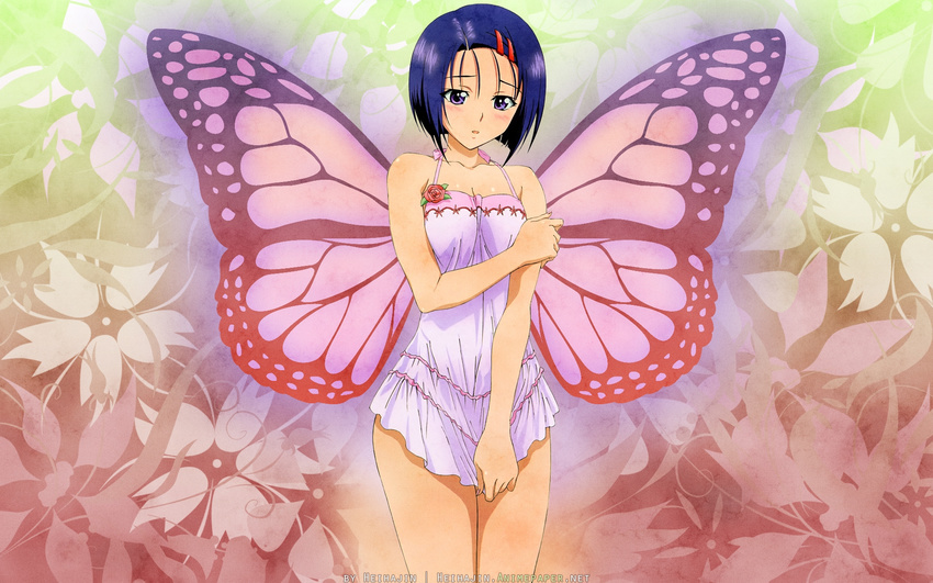 blue_eyes blue_hair butterfly dress flowers rose sairenji_haruna to_love_ru wings