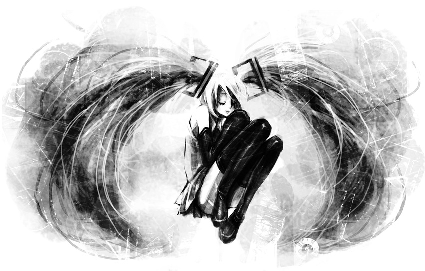 closed_eyes fetal_position full_body greyscale hatsune_miku highres long_hair monochrome skirt solo twintails very_long_hair vocaloid yamori_(stom)