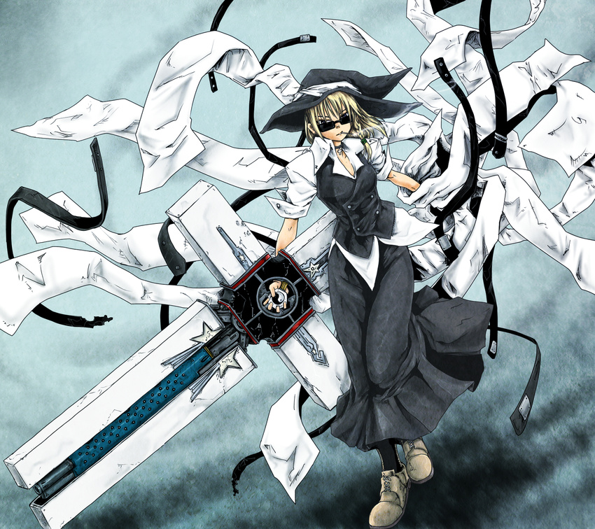 blonde_hair braid cross cross_punisher crossover fusion hat highres jewelry kirisame_marisa ledjoker07 necklace nicholas_d_wolfwood short_hair smoking solo sunglasses touhou trigun witch_hat