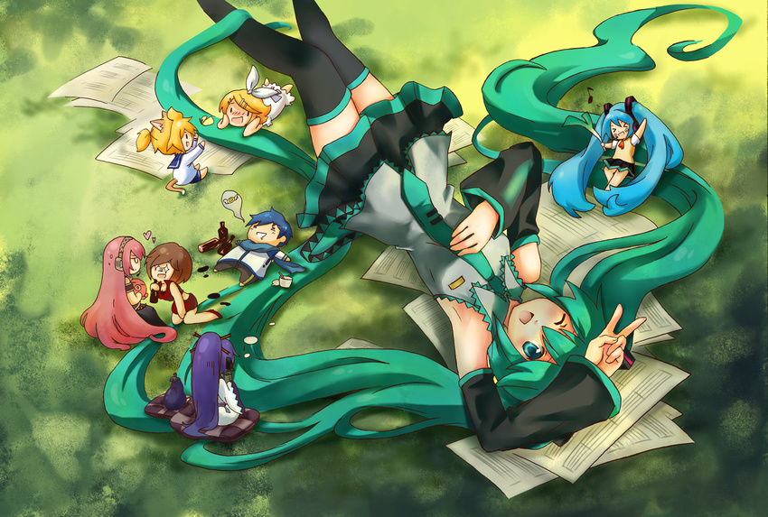 animal_ears aqua_eyes aqua_hair bow grass hatsune_miku headphones kagamine_len kagamine_rin kaito kamui_gakupo long_hair megurine_luka meiko short_hair skirt tail takoluka thigh-highs tie vocaloid wink