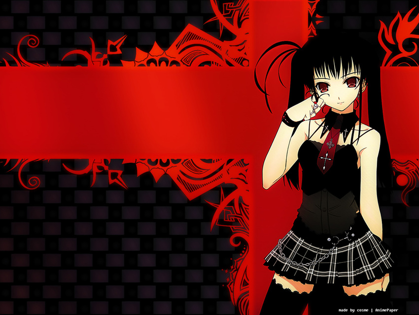 black_hair gothic long_hair red_eyes skirt thigh-highs tie twintails