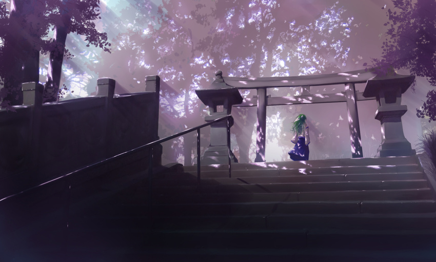 detached_sleeves green_hair kochiya_sanae light long_hair scenery solo stairs stone_lantern torii totuka touhou tree