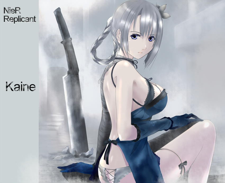 back backless_outfit bare_back blue_eyes breasts butt_crack elbow_gloves flower frilled_panties frills gloves h016 hair_flower hair_ornament kaine_(nier) large_breasts lingerie looking_back negligee nier nier_(series) panties sitting solo sword underwear weapon white_hair white_panties