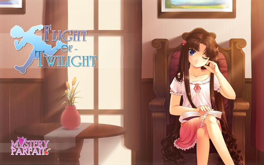 blue_eyes brown_hair dress flight_of_twilight flowers long_hair ribbons tara_moore wink