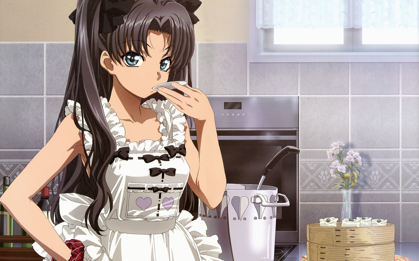 apron blue_eyes brown_hair fate/stay_night flowers food long_hair ribbons tohsaka_rin twintails