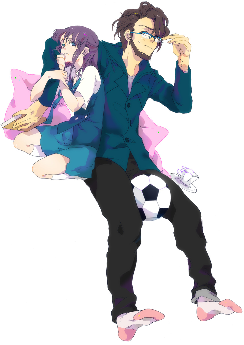 1boy 1girl annoyed ball beard blue_eyes book cup facial_hair father_and_daughter footwear glasses highres inazuma_eleven inazuma_eleven_(series) kudou_fuyuka kudou_michiya n_(no_bu) purple_hair simple_background skirt soccer_ball socks teacup white_background