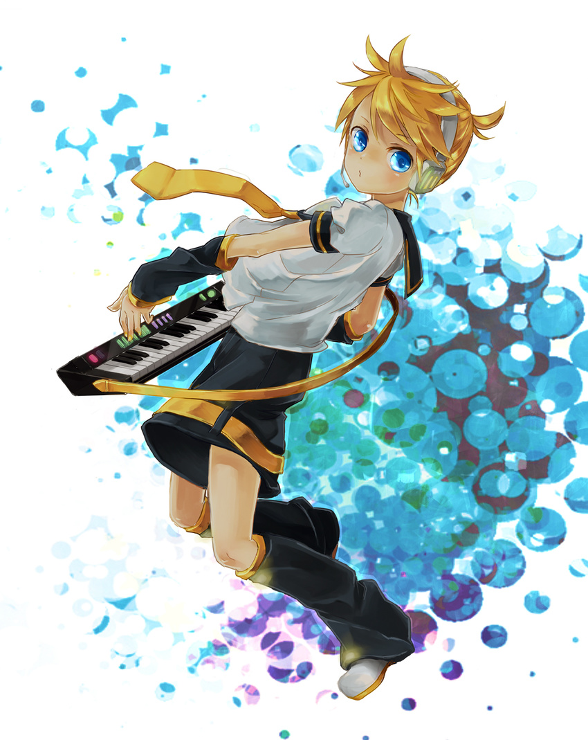 blonde_hair blue_eyes headphones headset highres instrument kagamine_len keytar male_focus necktie shorts solo vocaloid yamatakabou yellow_neckwear