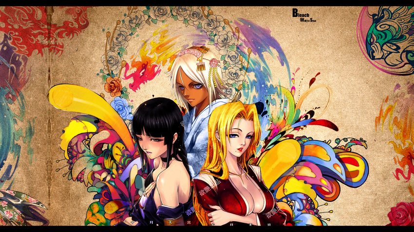 3girls black_eyes black_hair bleach blonde_hair blue_eyes breasts flower halibel highres kurotsuchi_nemu large_breasts long_hair matsumoto_rangiku mole multiple_girls purple_eyes shihouin_yoruichi short_hair snyp tears tia_harribel tier_harribel wallpaper white_hair