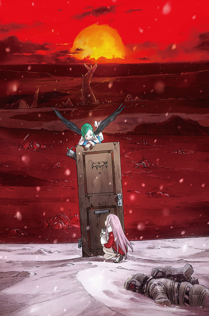 2girls anemone_(eureka_seven) black_wings corpse door eureka eureka_seven eureka_seven_(series) green_hair highres long_hair lying multiple_girls on_stomach outdoors pink_hair red_sky sky snowing source_request squatting sunset the_pose wings