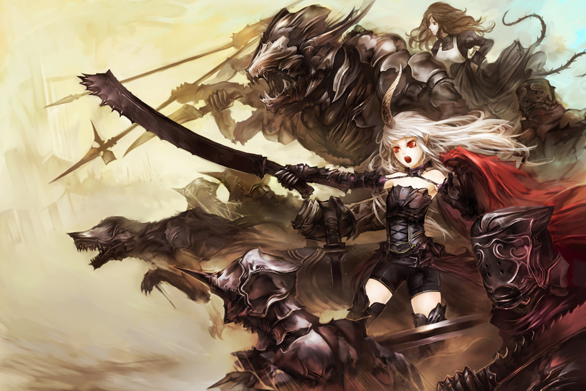 apron armor belt bike_shorts brown_eyes brown_hair cape choker dagger dress dress_lift gauntlets helmet highres horns long_hair monster multiple_girls open_mouth pixiv_fantasia pixiv_fantasia_4 plant pointy_ears polearm profile red_eyes ringed_eyes sharp_teeth spear suzuya_akinori sword teeth thighhighs vines weapon white_hair