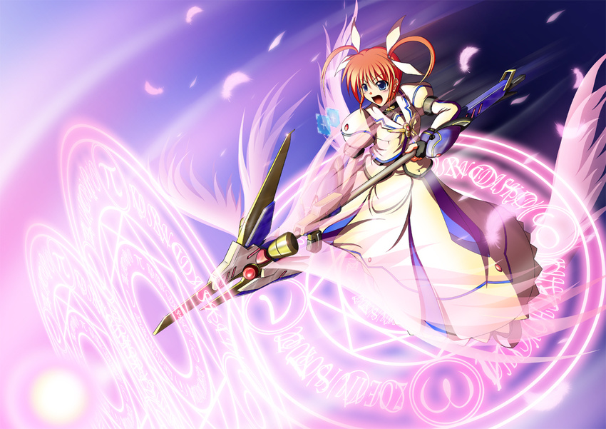 blue_eyes brown_hair fingerless_gloves gloves mahou_shoujo_lyrical_nanoha mahou_shoujo_lyrical_nanoha_the_movie_1st raising_heart solo staff takamachi_nanoha weapon wings