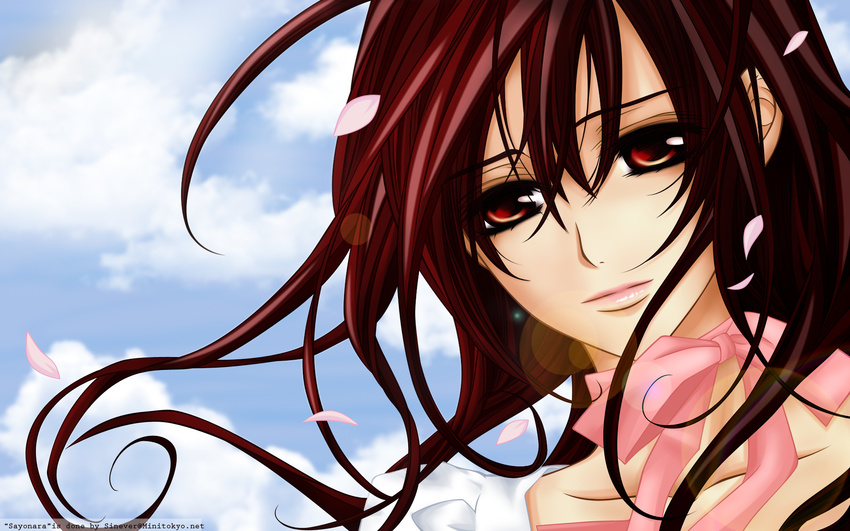 brown_eyes brown_hair close clouds kuran_juuri petals ribbons sky vampire_knight