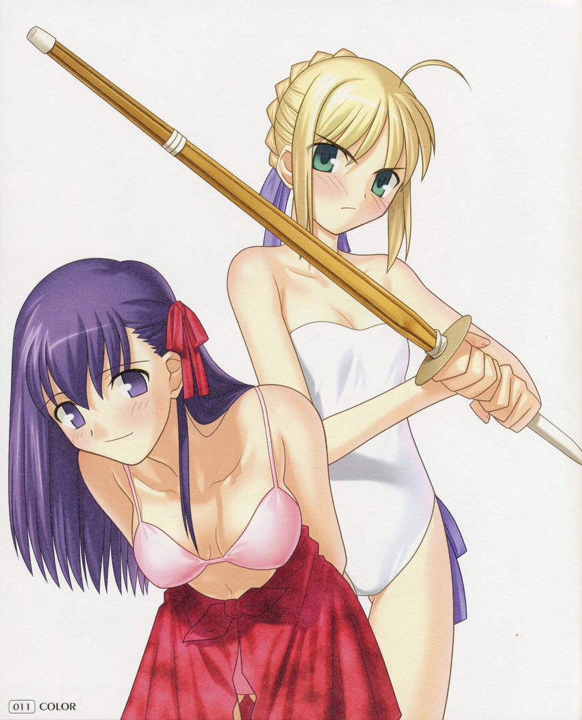 absurdres artoria_pendragon_(all) bent_over bikini blonde_hair fate/stay_night fate_(series) green_eyes hair_ribbon highres matou_sakura multiple_girls one-piece_swimsuit pink_bikini purple_eyes purple_hair red_sarong ribbon saber sarong shinai swimsuit sword takeuchi_takashi weapon white_swimsuit