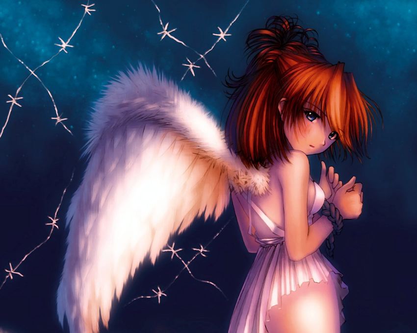 angel_wings bdsm bondage bound bound_wrists breasts kobayashi_yuuji looking_back neon_genesis_evangelion no_panties red_hair rope small_breasts solo souryuu_asuka_langley wallpaper wings