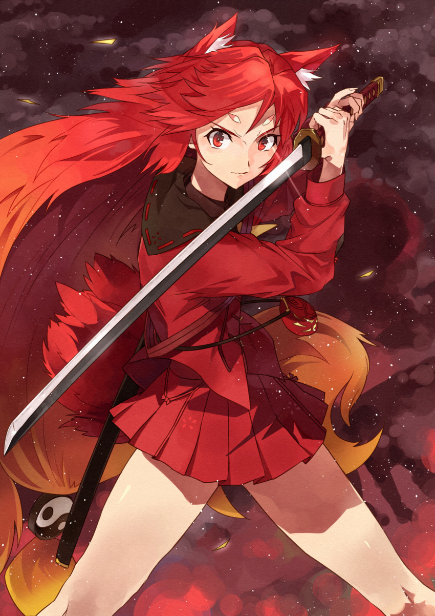 1girl animal_ear_fluff animal_ears bare_legs closed_mouth gradient_hair highres holding holding_sword holding_weapon legs_apart long_eyebrows long_sleeves looking_at_viewer multicolored_hair original red red_hair serious solo standing sword third-party_source v-shaped_eyebrows weapon