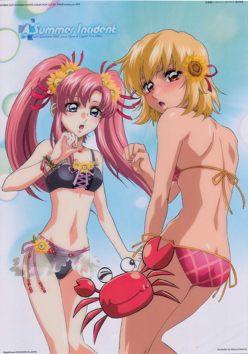 :o absurdres ass back bikini blonde_hair blue_eyes blush bracelet cagalli_yula_athha crab embarrassed flat_chest flower gundam gundam_seed gundam_seed_destiny hair_flower hair_ornament highres hoshino_masumi jewelry lacus_clyne long_hair looking_back multiple_girls navel necklace official_art one_eye_closed open_mouth orange_eyes pink_hair sarong scan see-through short_hair side-tie_bikini sunflower surprised swimsuit tieback translucent_sarong twintails