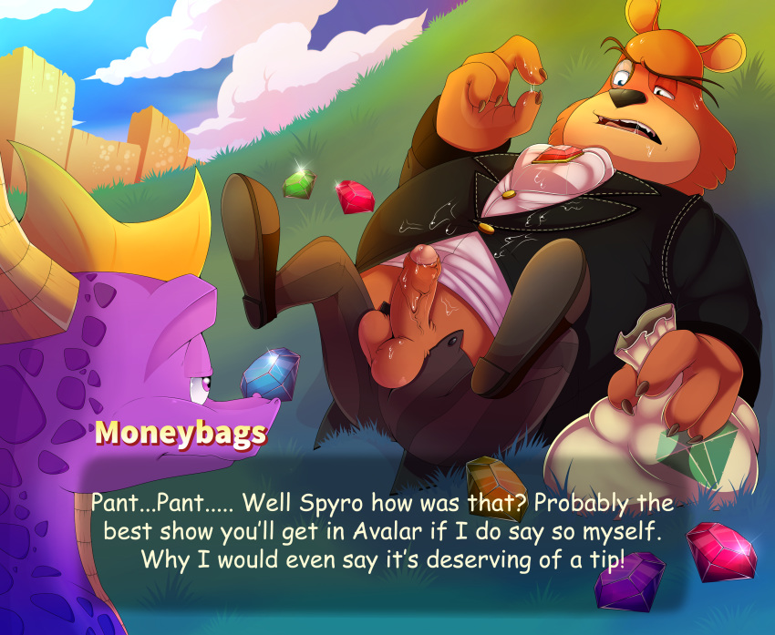 absurd_res after_masturbation anthro balls dragon enookie hi_res humanoid_penis male mammal moneybags_(spyro) obese obese_male overweight overweight_male penis prostitution spyro spyro_reignited_trilogy spyro_the_dragon ursid video_games