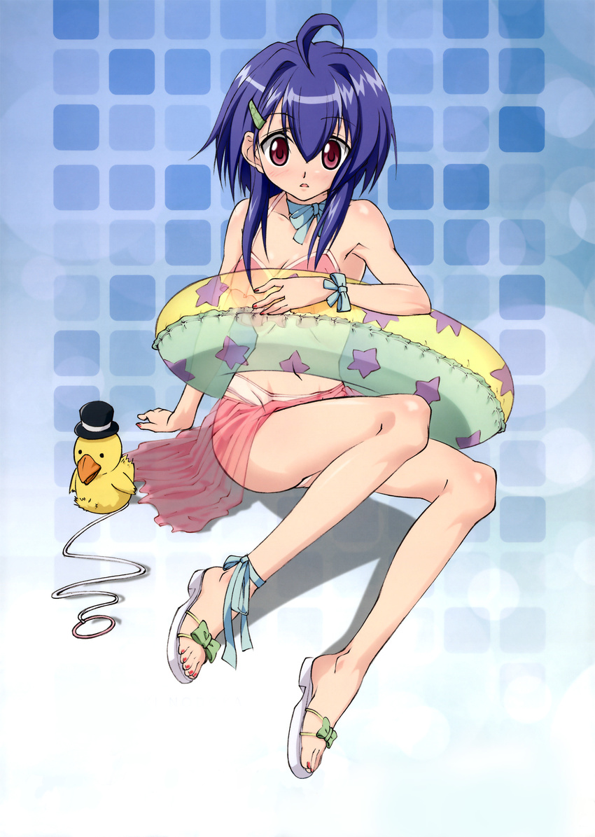 absurdres ahoge bikini blue_hair blush choker hair_ornament hairclip highres innertube mahou_sensei_negima! miyazaki_nodoka nail_polish navel open_mouth pink_sarong purple_eyes red_nails ribbon sandals sarong see-through shiotsuki_kazuya short_hair sitting solo swimsuit translucent_sarong