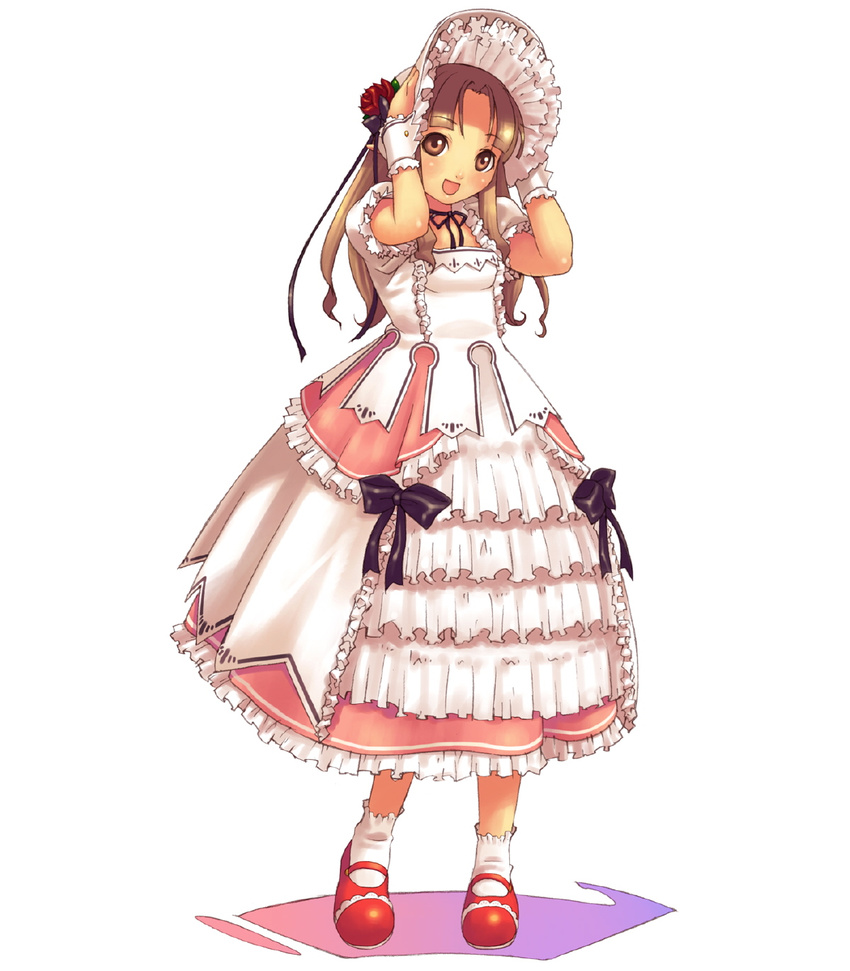 bonnet dress happy highres hirano_katsuyuki lolita_fashion long_hair mary_janes mine_(spectral_souls) ribbon shoes socks solo spectral_(series) spectral_souls sweet_lolita