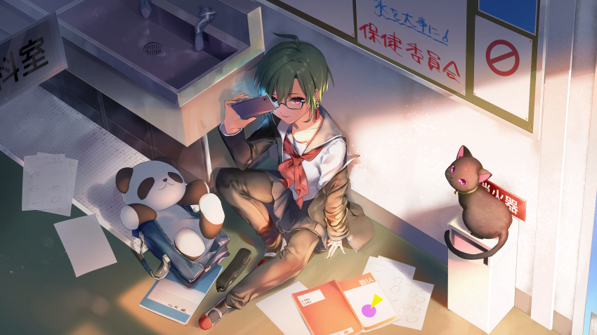 1other absurdres against_wall ahoge androgynous ayamori_mimi bag bangs black_cat cat cellphone commentary earrings eyebrows_visible_through_hair from_above full_body gakuran glasses green_hair hallway highres holding holding_phone indoors jacket jacket_removed jewelry long_sleeves looking_at_viewer nijisanji notebook parted_lips phone purple_eyes red_neckwear ryuushen sailor_collar school_bag school_uniform serafuku short_hair sink sitting_on_floor smartphone smile stuffed_animal stuffed_panda stuffed_toy textbook virtual_youtuber