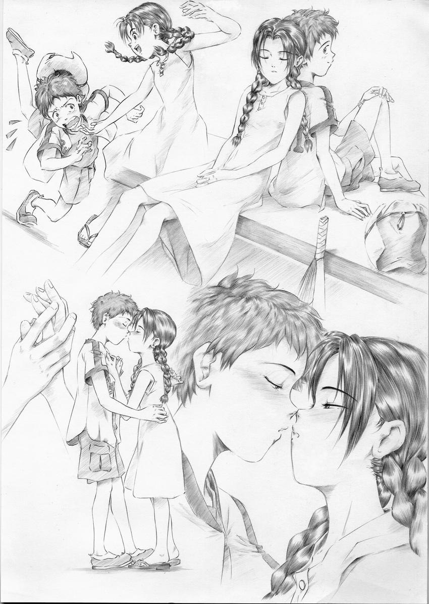 1girl abenobashi_mahou_shoutengai asahina_arumi couple dress fan graphite_(medium) greyscale harisen hetero highres imamiya_satoshi imminent_kiss kiss krutta_fan monochrome sketch sleepy traditional_media