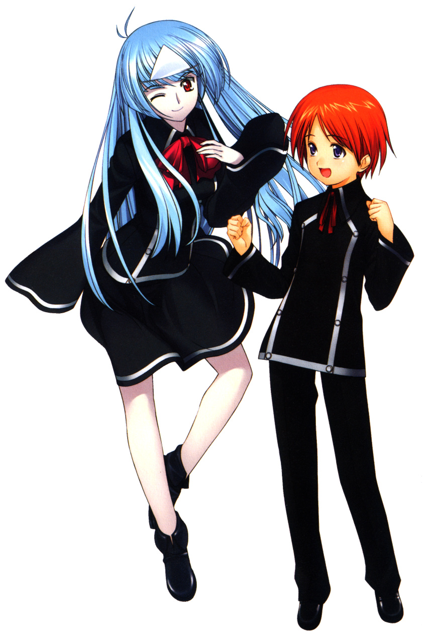 1girl a1 absurdres brother_and_sister full_body highres light_blue_hair one_eye_closed orange_hair purple_eyes quiz_magic_academy red_eyes satsuki_(quiz_magic_academy) scan siblings source_request transparent_background triangular_headpiece yuu_(quiz_magic_academy)