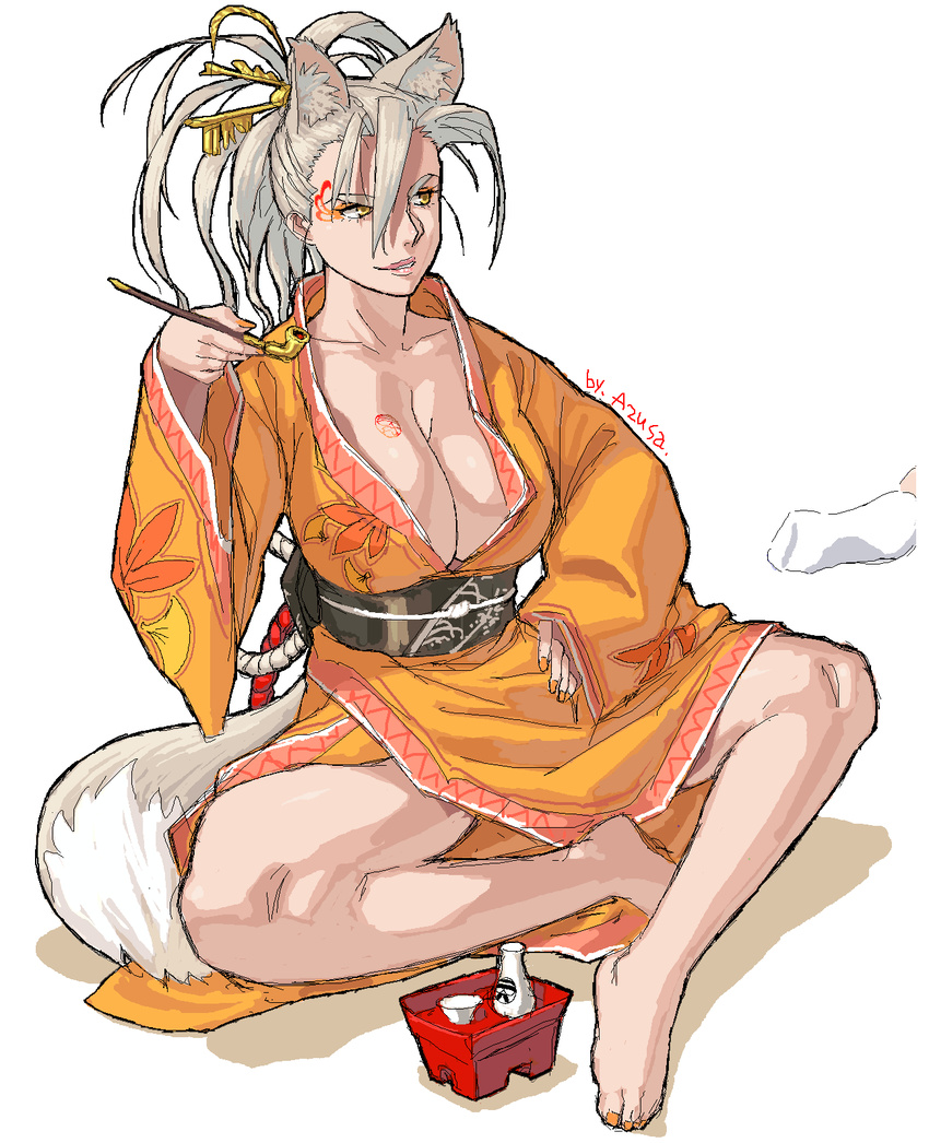 animal_ears azusa_(hws) barefoot breasts cleavage copyright_request feet fox_ears fox_tail hands highres holding holding_pipe japanese_clothes kimono kiseru large_breasts lips long_sleeves oekaki orange_kimono pipe solo tail yukata yuujo