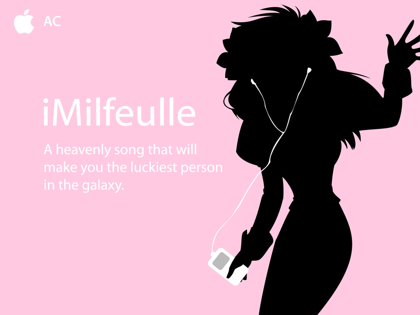 character_name digital_media_player earbuds earphones galaxy_angel highres ipod ipod_ad milfeulle_sakuraba monochrome pink pink_background shadow silhouette solo vector_trace