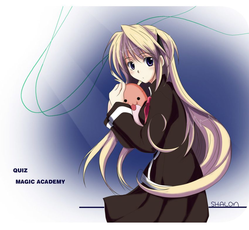 :d artist_request black_dress black_serafuku blonde_hair blue_eyes creature dress from_side holding long_hair long_sleeves looking_at_viewer looking_to_the_side open_mouth pleated_dress quiz_magic_academy school_uniform serafuku shalon smile solo very_long_hair