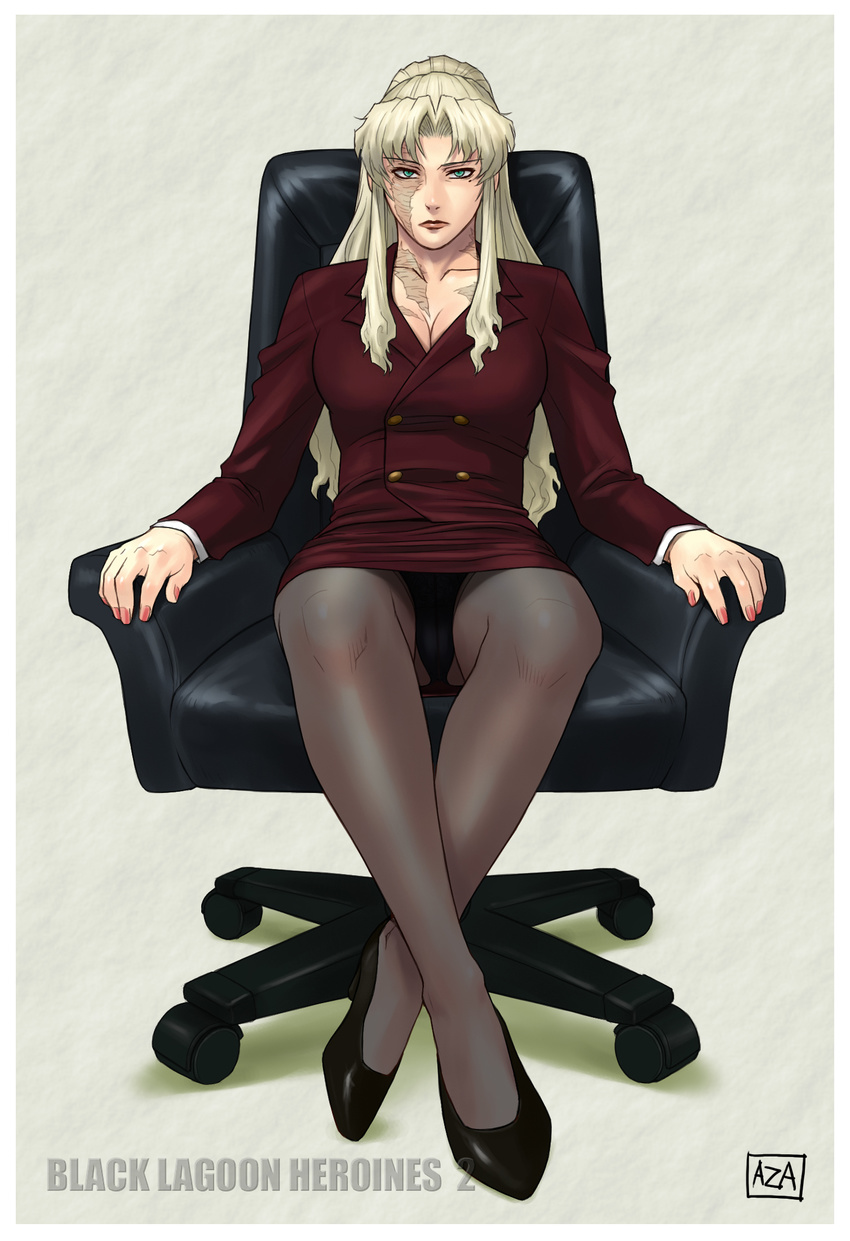 azasuke balalaika_(black_lagoon) black_lagoon blonde_hair breasts burn_scar business_suit chair cleavage crotch_seam formal green_eyes high_heels highres jacket large_breasts long_sleeves mole mole_under_eye panties panties_under_pantyhose pantyhose pantyshot pencil_skirt scar shoes sitting skirt skirt_suit solo suit underwear upskirt