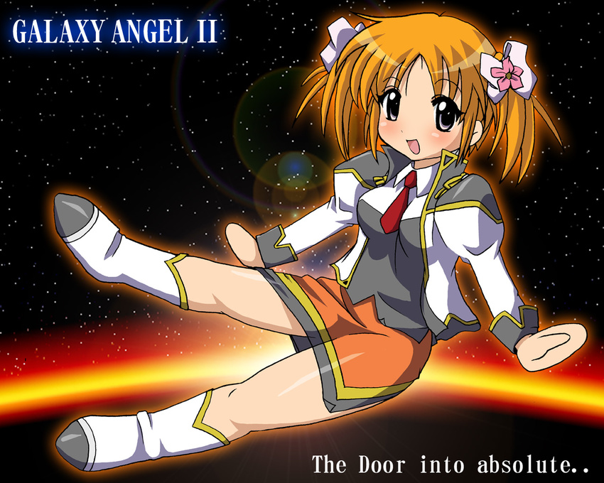 apricot_sakuraba blush boots copyright_name flower galaxy_angel galaxy_angel_rune long_sleeves orange_skirt pencil_skirt ribbon skirt solo twintails