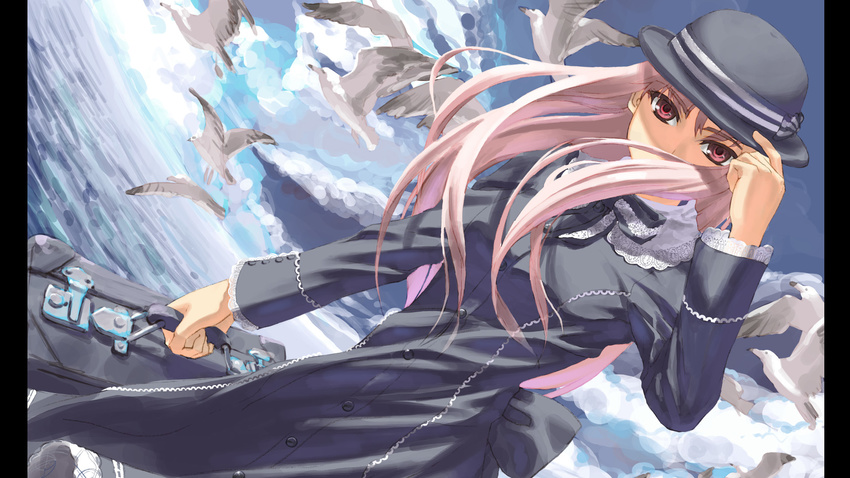 bird cloud day dress dutch_angle hat hat_tip highres long_hair long_sleeves original pillarboxed pink_eyes pink_hair seagull solo suitcase tantaka