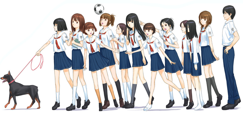 6+girls aihara_nana ball dog everyone futami_eriko helmet hiba_manami highres hoshino_yuumi kibina_high_school_uniform kimi_kiss legs mizusawa_mao multiple_girls sakamoto_mineji sakino_asuka satonaka_narumi school_uniform shijou_mitsuki yuzuki_kaoruko