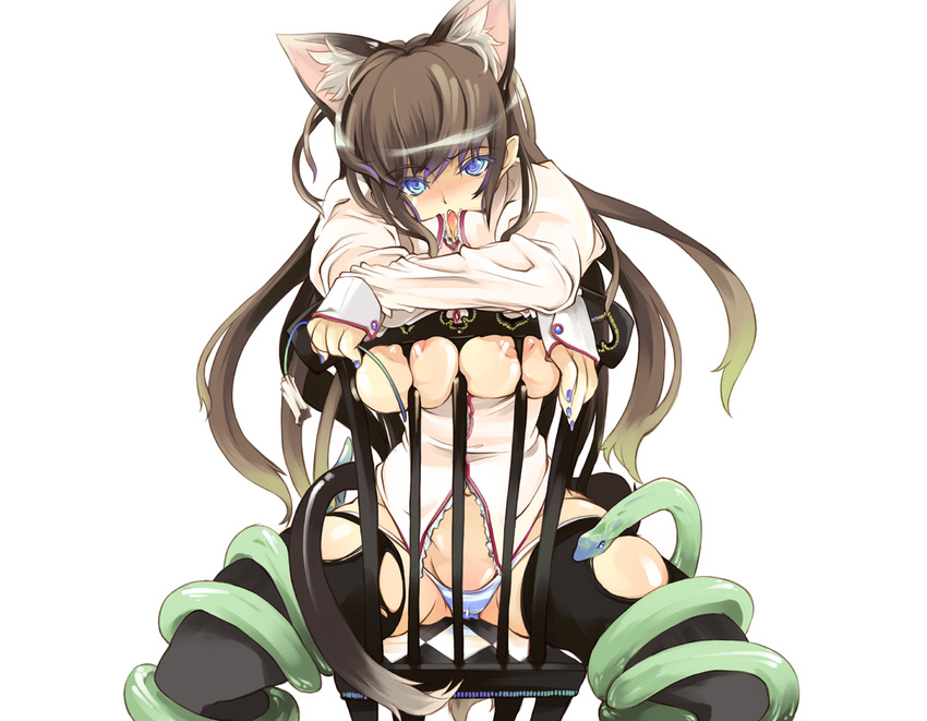 animal_ears black_legwear blue_eyes blue_nails blue_panties bottomless breast_press breasts cat_ears colored_eyelashes large_breasts long_hair long_sleeves lowleg lowleg_panties maruku nail_polish original panties sitting sitting_backwards skindentation solo striped striped_panties tail thighhighs torn_clothes torn_legwear underwear