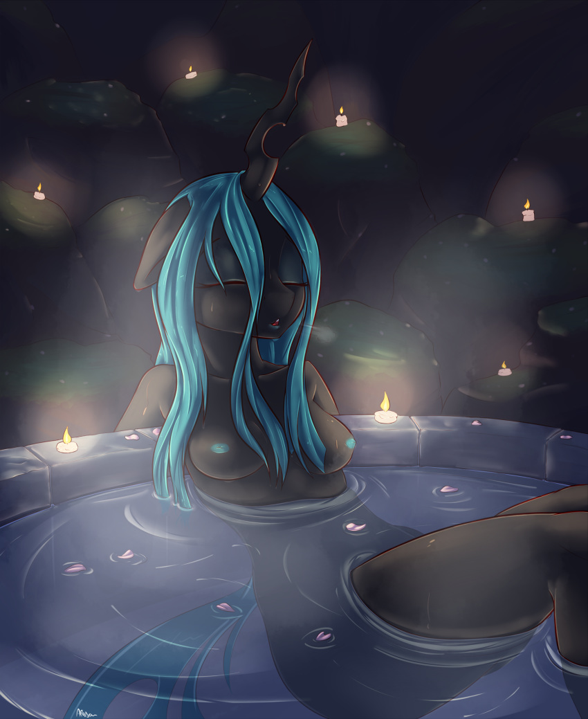 2019 absurd_res alasou anthro anthrofied areola blue_hair blue_nipples breasts candle changeling digital_media_(artwork) eyes_closed female floppy_ears friendship_is_magic hair hi_res horn insect_wings long_hair my_little_pony nipples open_mouth partially_submerged queen_chrysalis_(mlp) solo sweat water wet wings